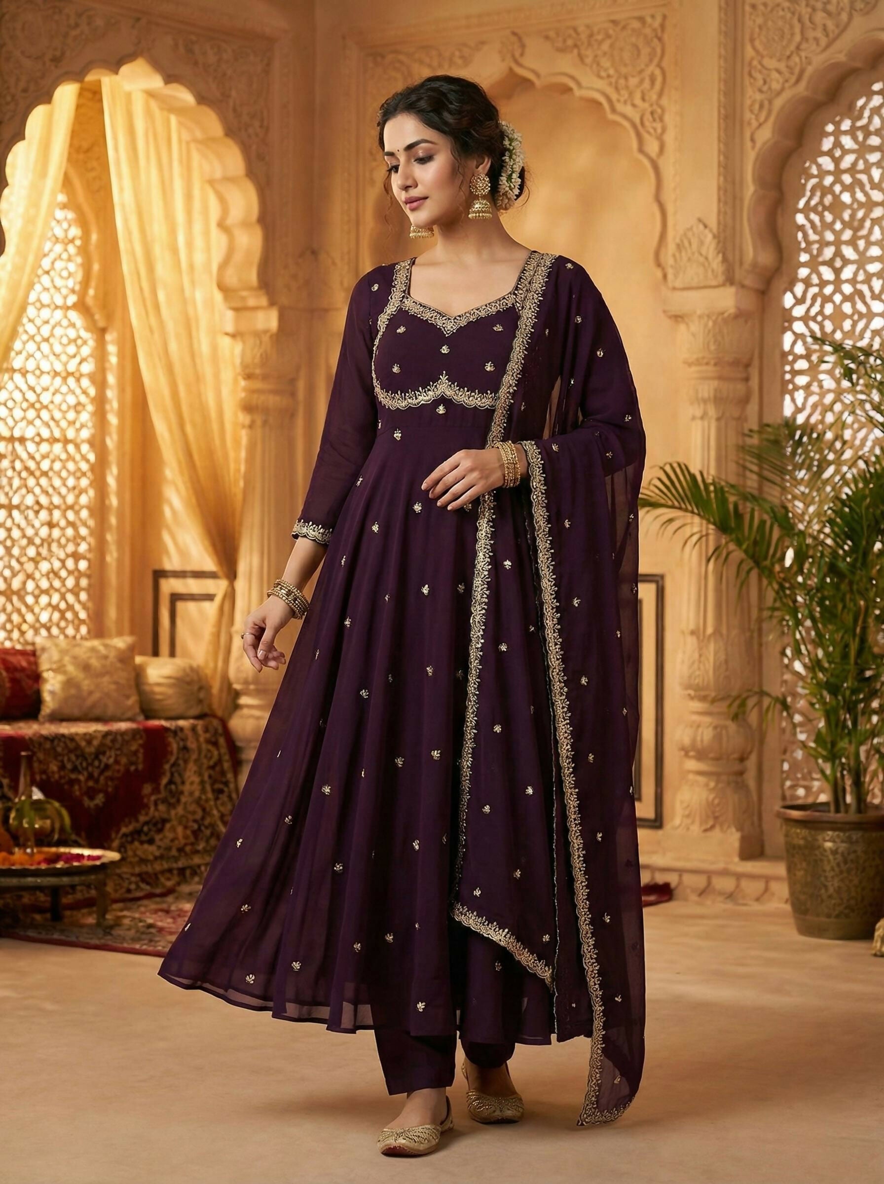 Teeya Creation Womens New Fancy Fox Georgette Heavy Quality Fabric With Handwork Brown Gown Set | Grocsy