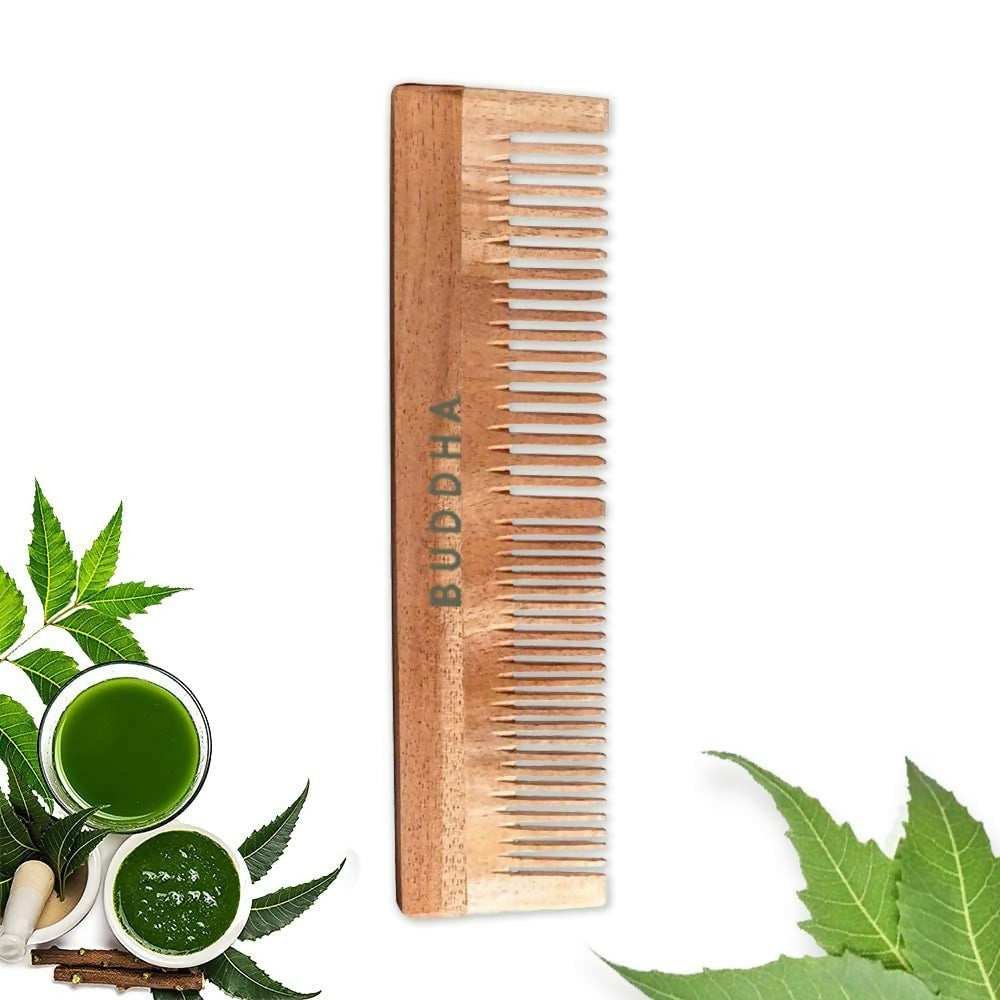 Buddha Natural Dual Tooth Kacchi Neem Wooden Comb | Grocsy