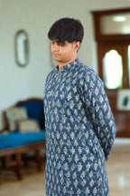 Souchii Men's Ethnic Printed Pure Cotton Kurta – Indigo Leaf Motif | Grocsy