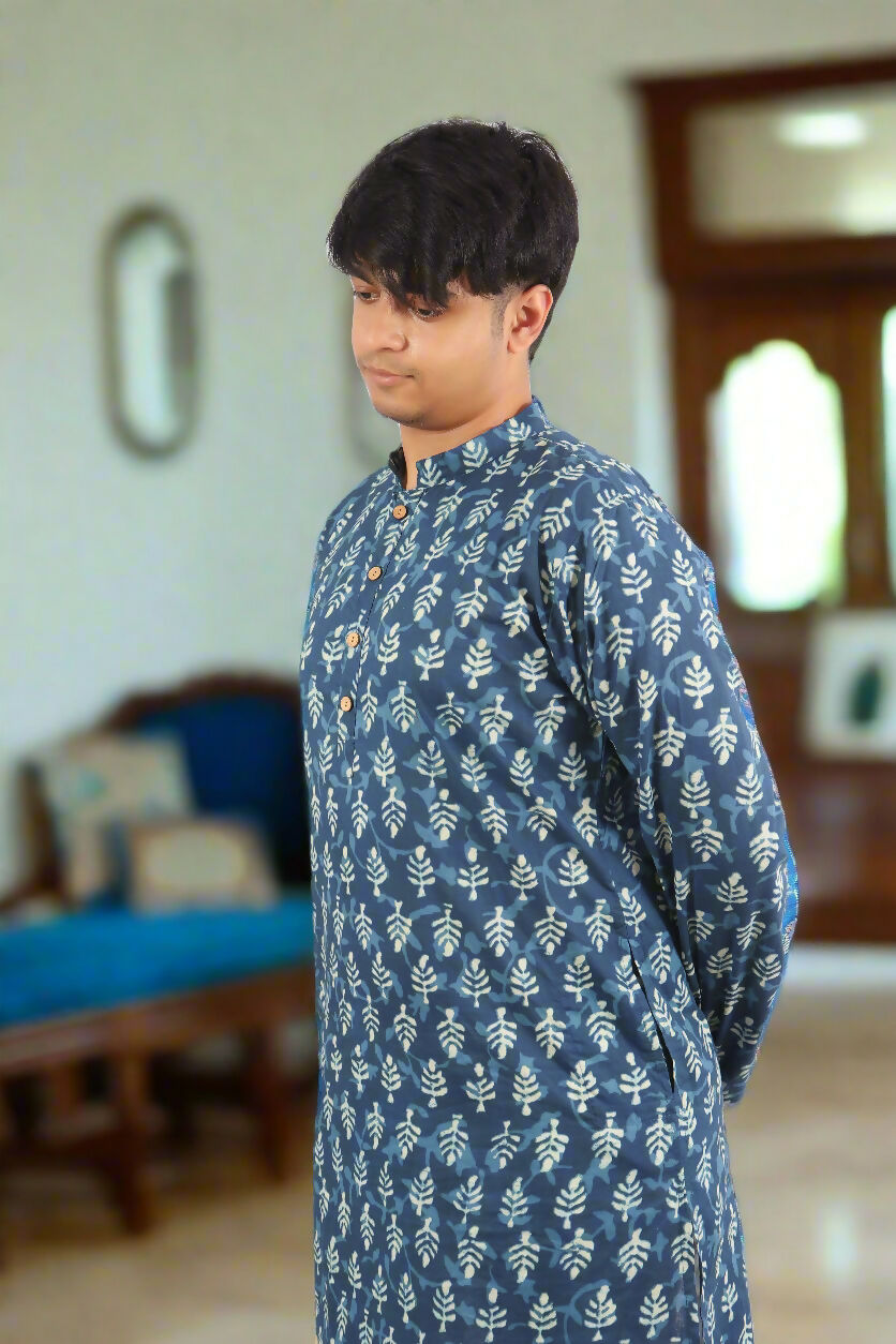 Souchii Men's Ethnic Printed Pure Cotton Kurta – Indigo Leaf Motif | Grocsy