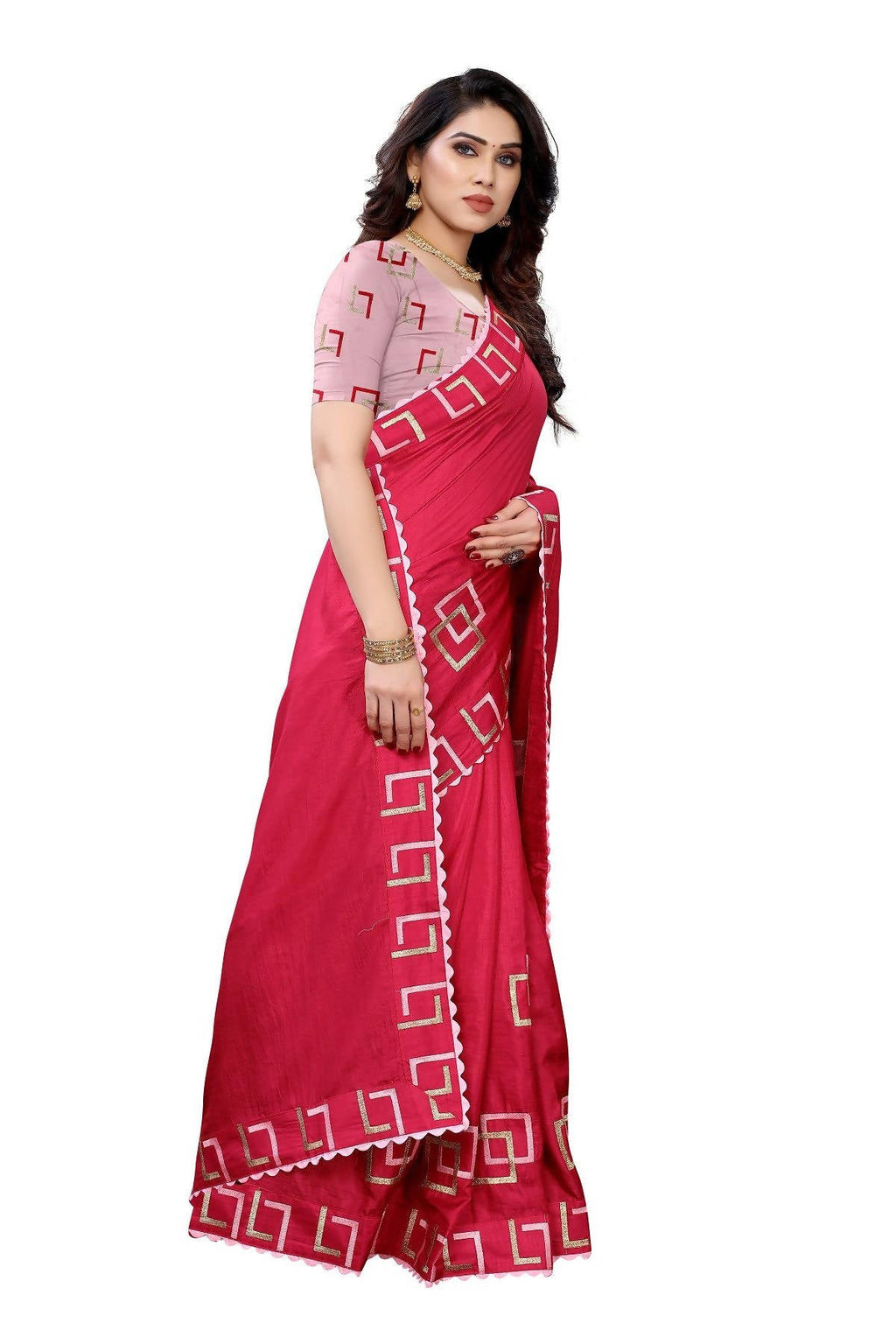 Vamika Red Dola Silk Embroidery Saree (MESHVI PINK) | Grocsy