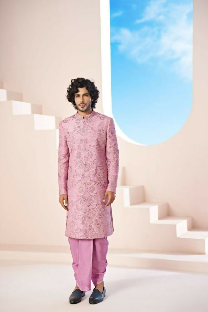 Majestic Orchid Falling Raw Silk Sherwani Set With Intricate Embroidery And Draped Dupatta by Hilo Design | Grocsy