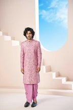 Majestic Orchid Falling Raw Silk Sherwani Set With Intricate Embroidery And Draped Dupatta by Hilo Design | Grocsy