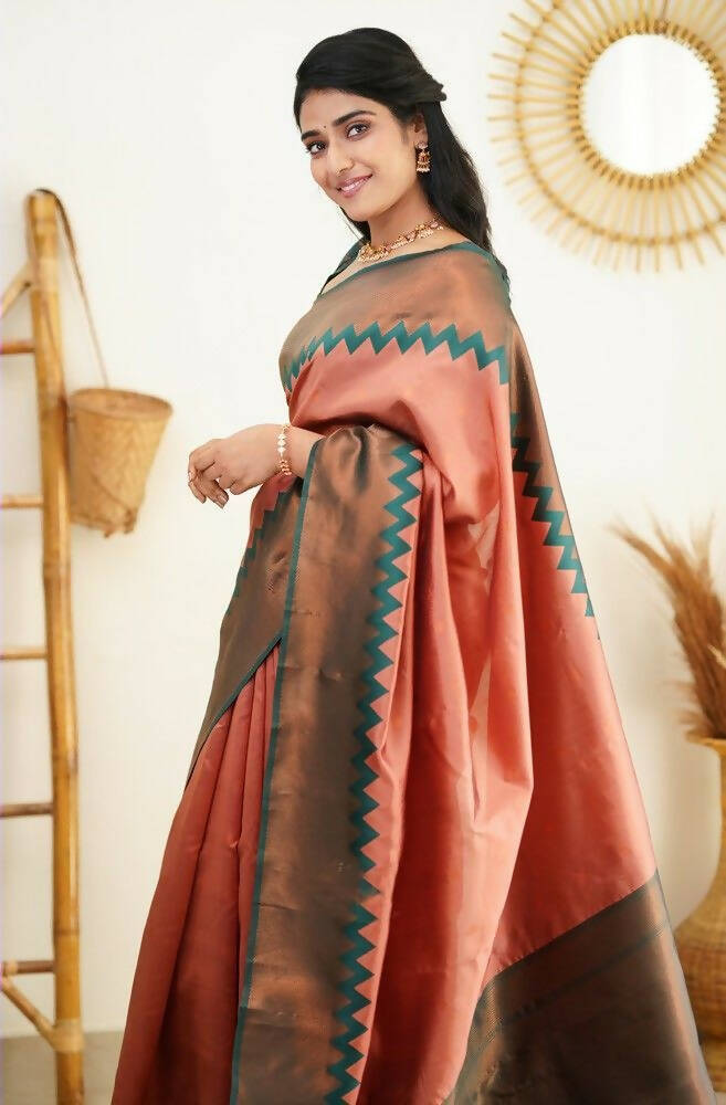 DEIANA'S Beautiful Designer Golden zari Soft Lichi Silk Saree - Peach | Grocsy