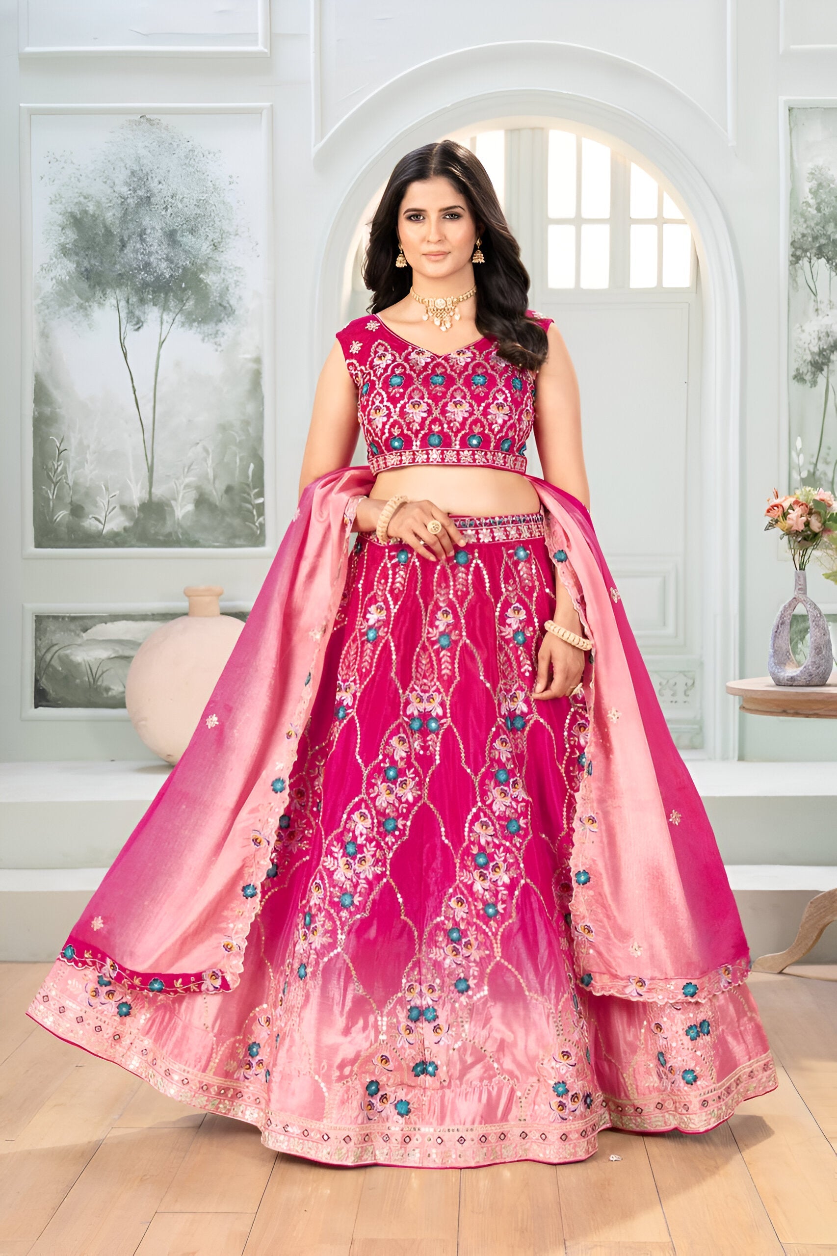 Lehenga Mart Pink Chinon  Desigenr Wedding Lehnega Choli | Grocsy