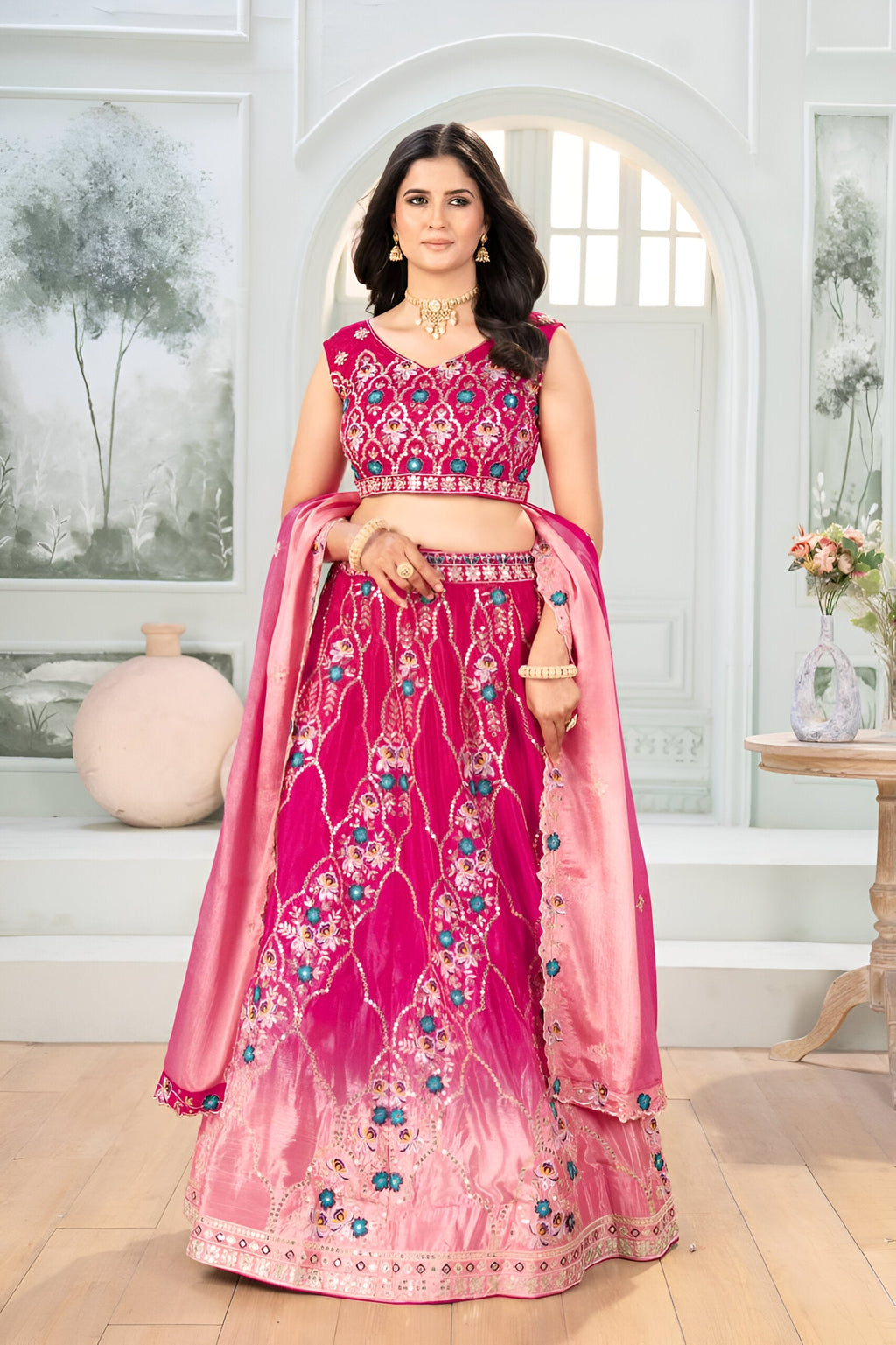 Lehenga Mart Pink Chinon  Desigenr Wedding Lehnega Choli | Grocsy