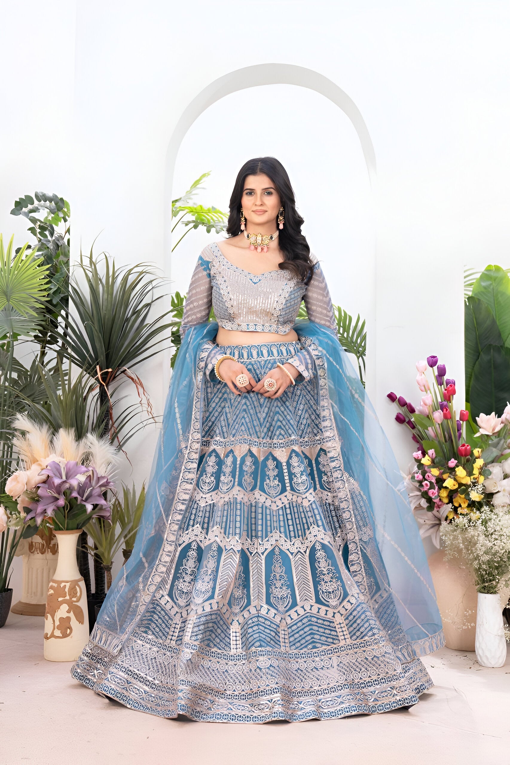 Lehenga Mart Designer Wedding Lehenga Choli For Women - Sky Blue | Grocsy