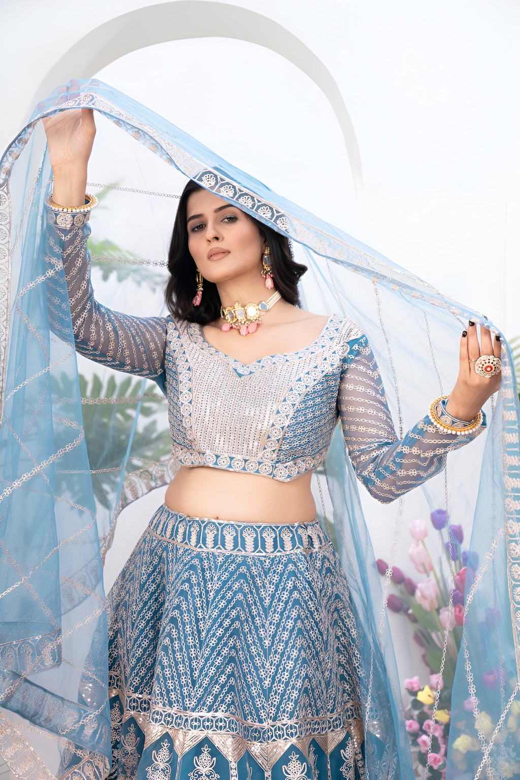 Lehenga Mart Designer Wedding Lehenga Choli For Women - Sky Blue | Grocsy