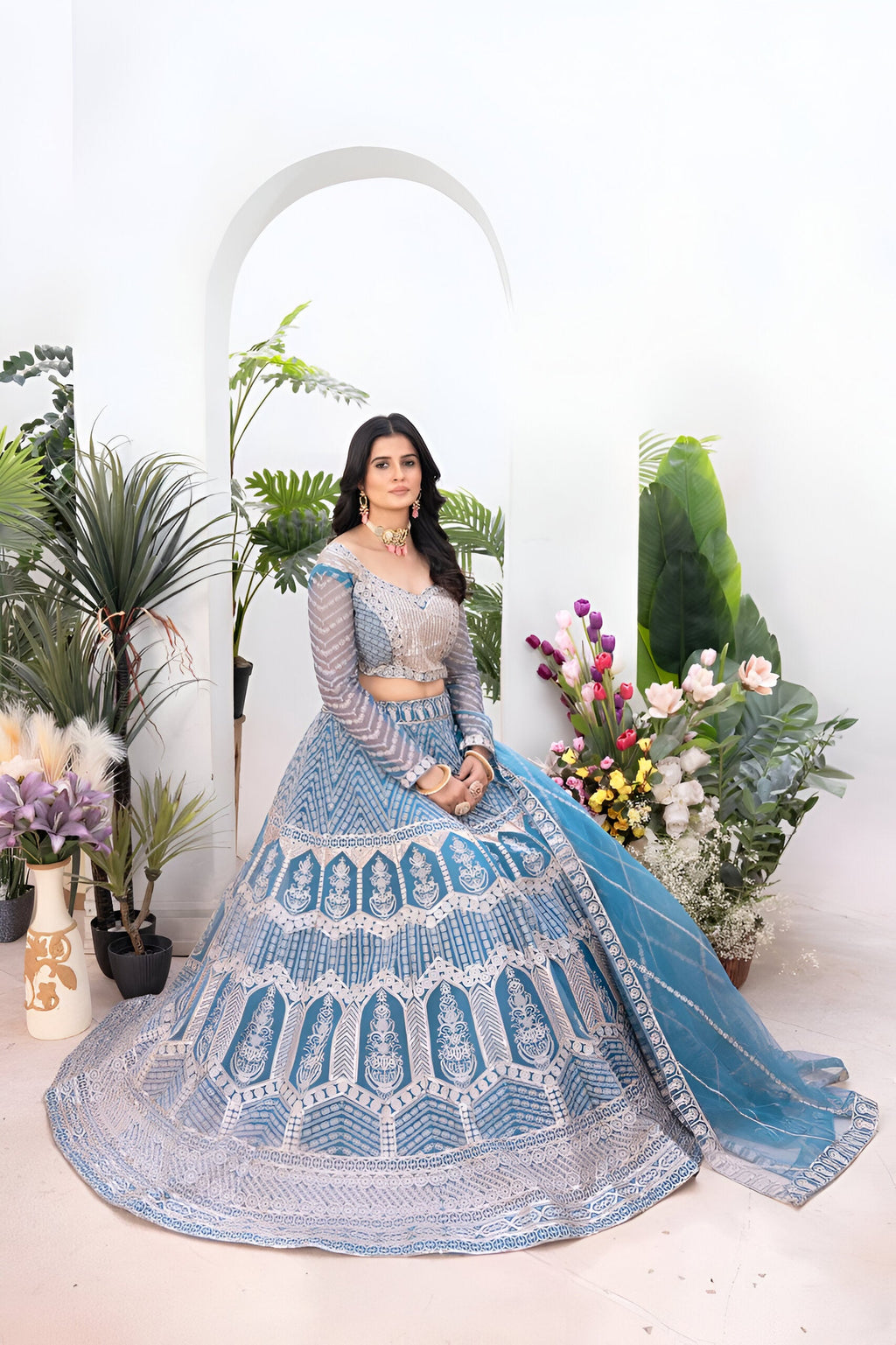 Lehenga Mart Designer Wedding Lehenga Choli For Women - Sky Blue | Grocsy