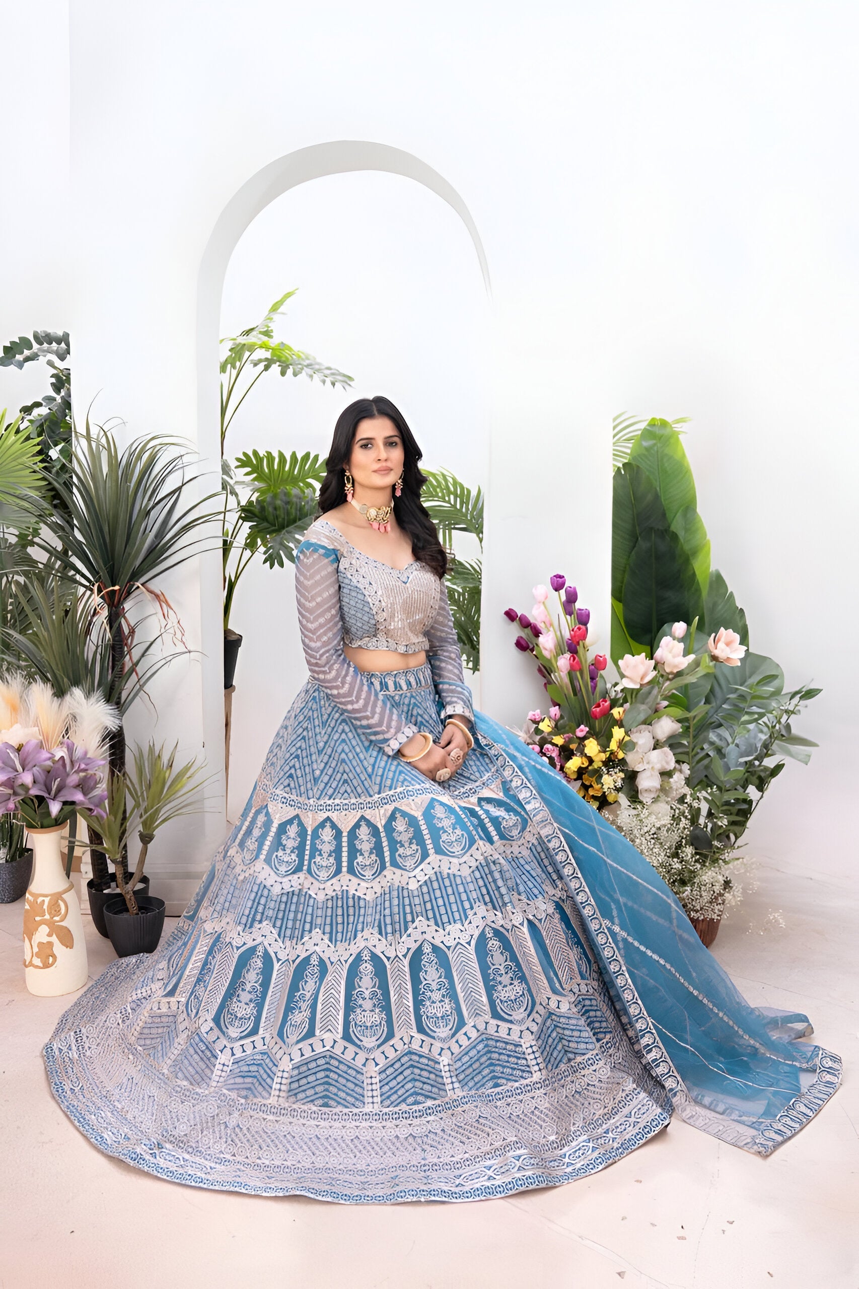 Lehenga Mart Designer Wedding Lehenga Choli For Women - Sky Blue | Grocsy