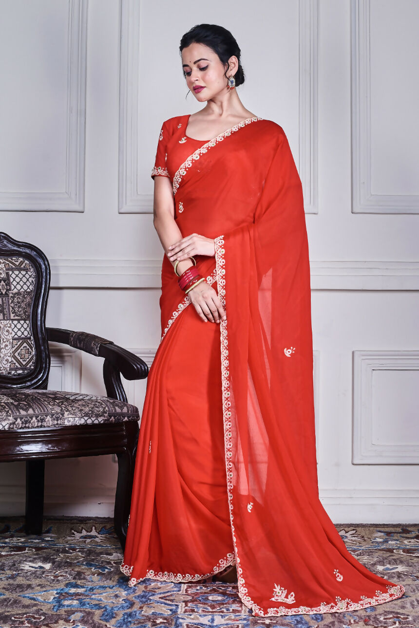 Morchari Red Chiffon Hand Embroidery Saree And Stitched Blouse | Grocsy