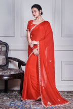 Morchari Red Chiffon Hand Embroidery Saree And Stitched Blouse | Grocsy