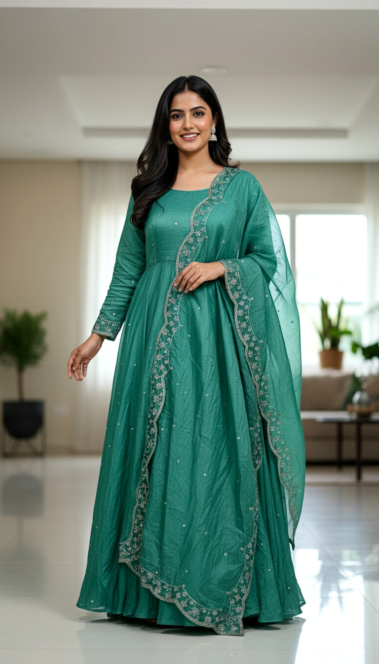Lehenga Mart Premium Readymade Gown With Dupatta Set For Women-Bottle Green | Grocsy