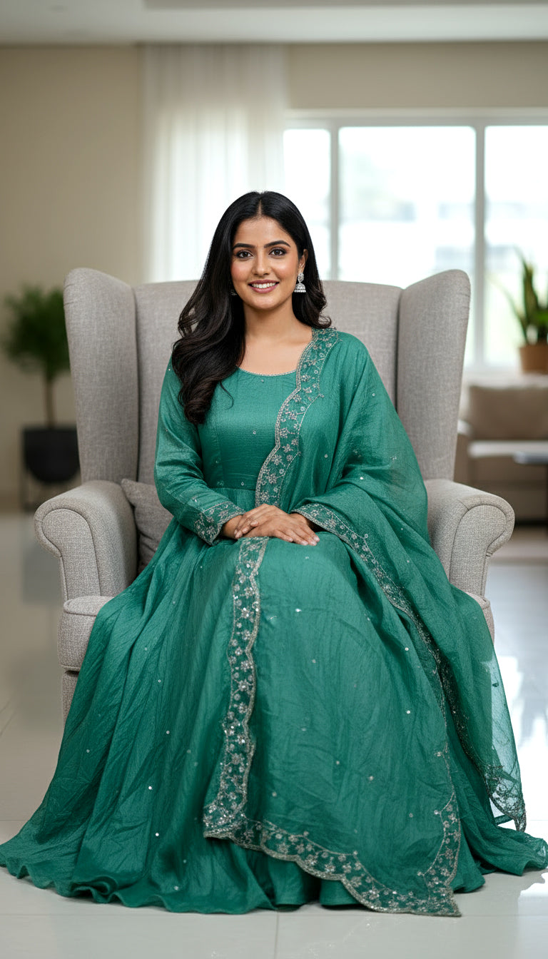 Lehenga Mart Premium Readymade Gown With Dupatta Set For Women-Bottle Green | Grocsy