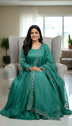 Lehenga Mart Premium Readymade Gown With Dupatta Set For Women-Bottle Green | Grocsy