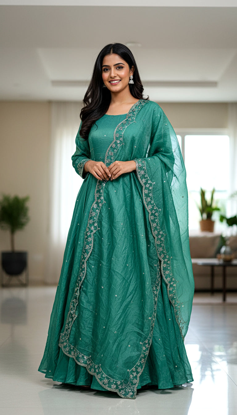 Lehenga Mart Premium Readymade Gown With Dupatta Set For Women-Bottle Green | Grocsy