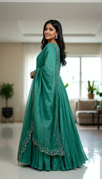 Lehenga Mart Premium Readymade Gown With Dupatta Set For Women-Bottle Green | Grocsy