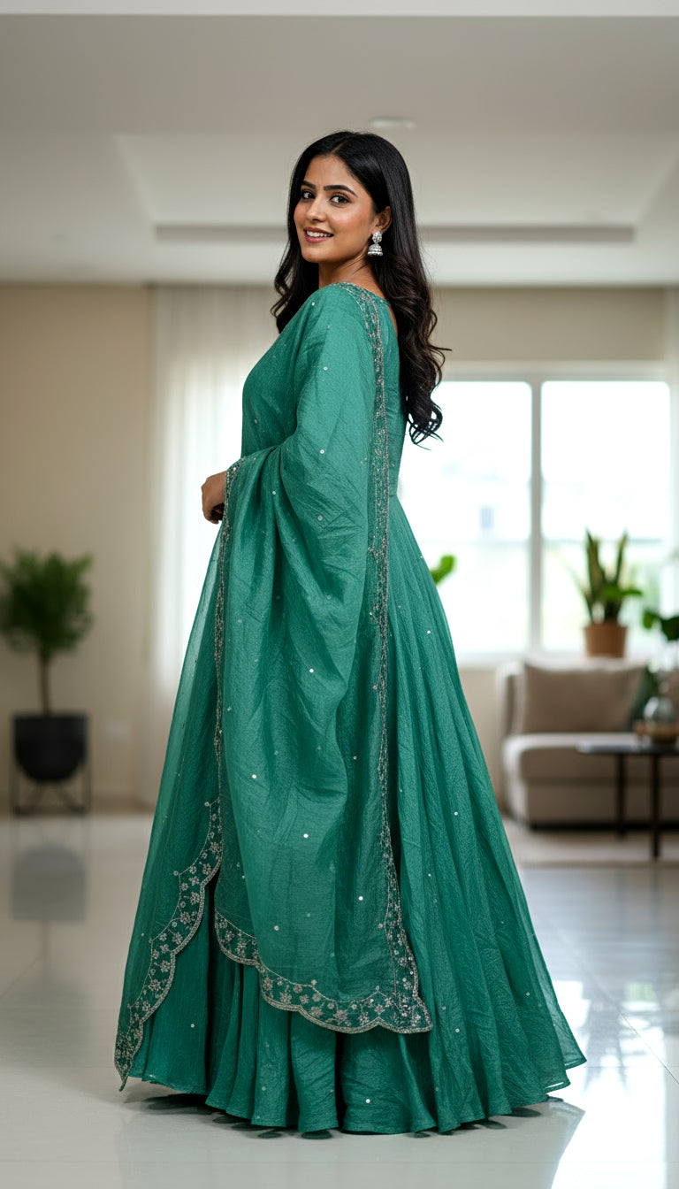 Lehenga Mart Premium Readymade Gown With Dupatta Set For Women-Bottle Green | Grocsy