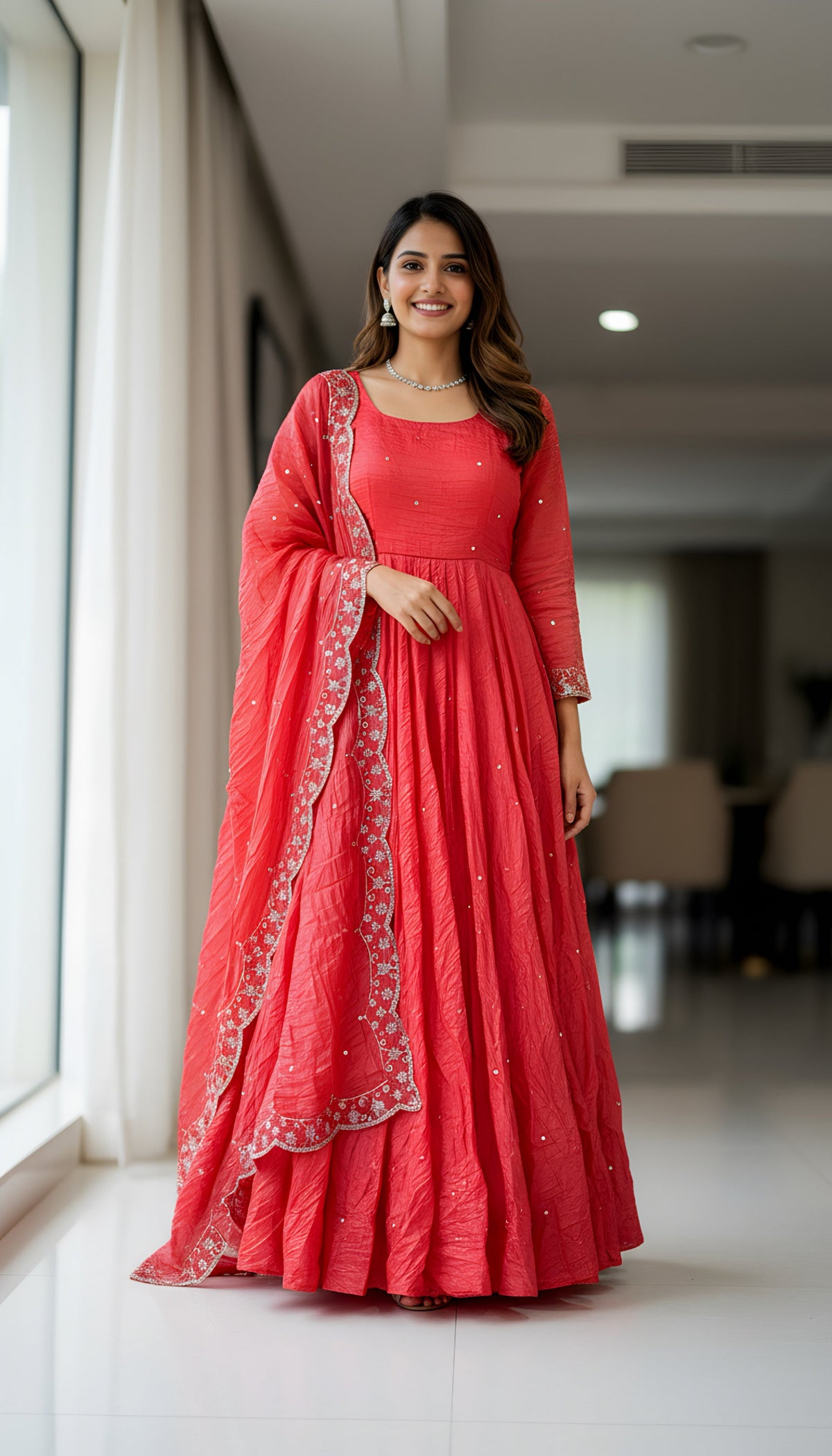 Lehenga Mart Premium Readymade Gown With Dupatta Set For Women-Coral pink | Grocsy