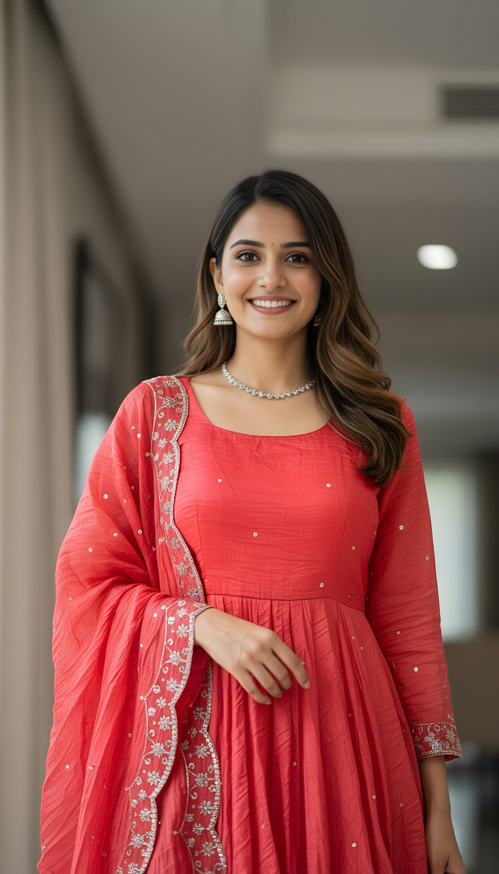 Lehenga Mart Premium Readymade Gown With Dupatta Set For Women-Coral pink | Grocsy