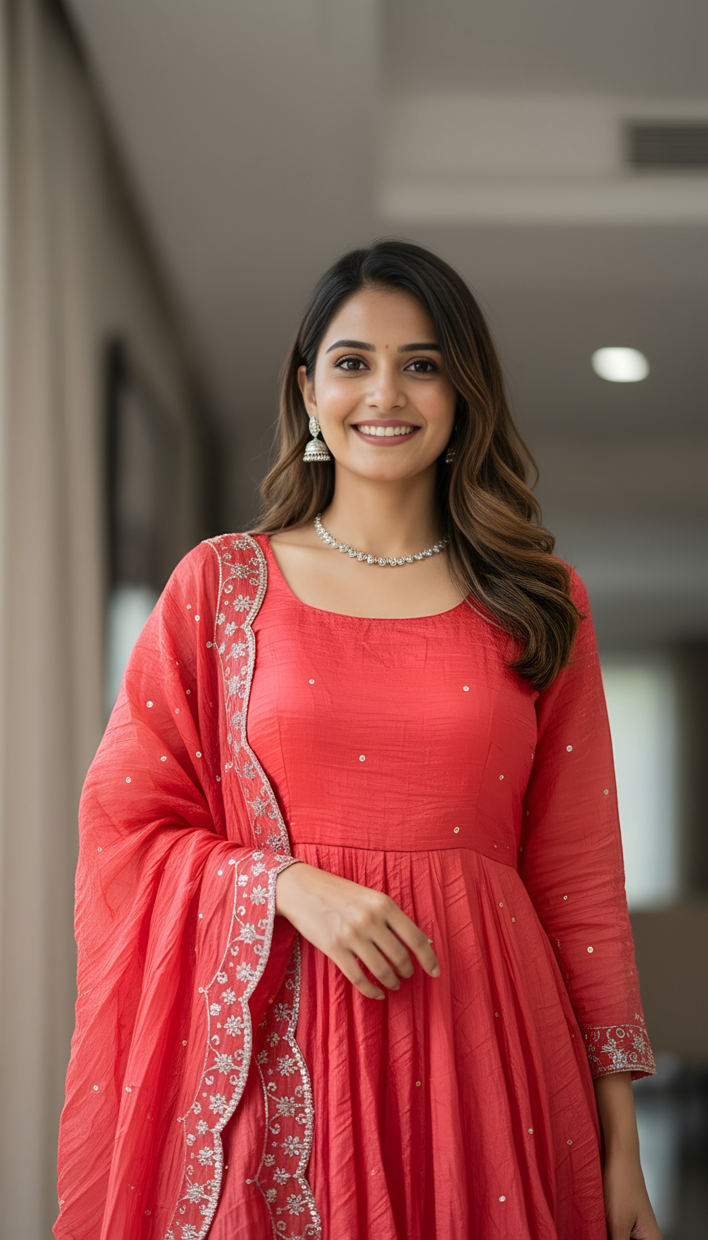 Lehenga Mart Premium Readymade Gown With Dupatta Set For Women-Coral pink | Grocsy