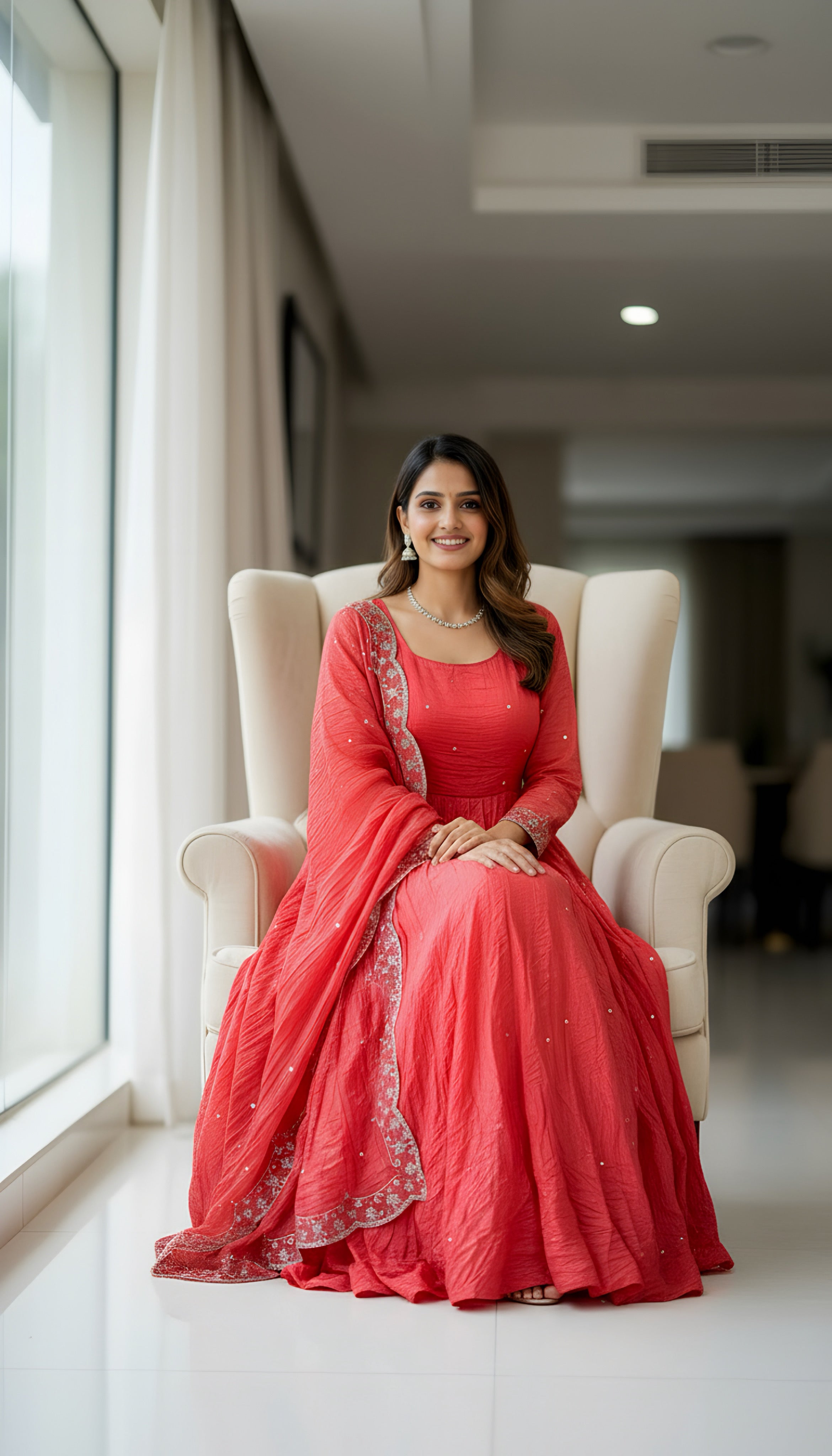 Lehenga Mart Premium Readymade Gown With Dupatta Set For Women-Coral pink | Grocsy