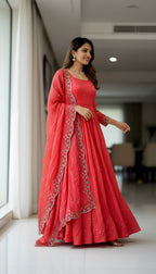 Lehenga Mart Premium Readymade Gown With Dupatta Set For Women-Coral pink | Grocsy