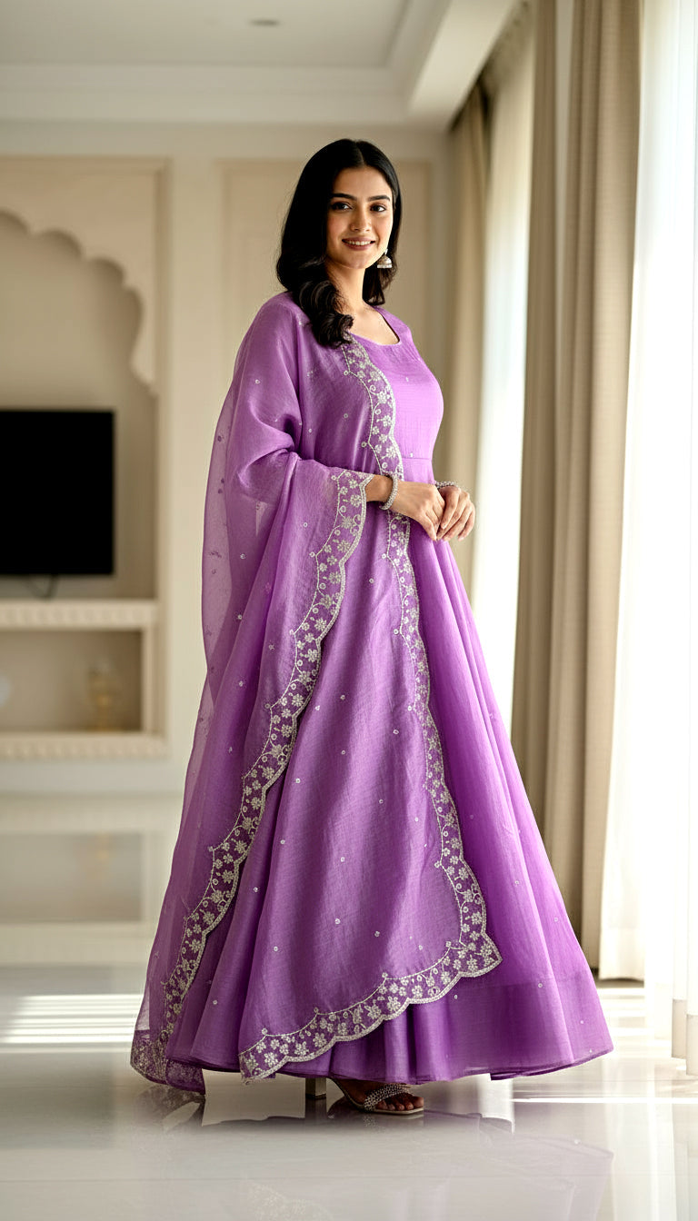 Lehenga Mart Premium Readymade Gown With Dupatta Set For Women-Lavender | Grocsy