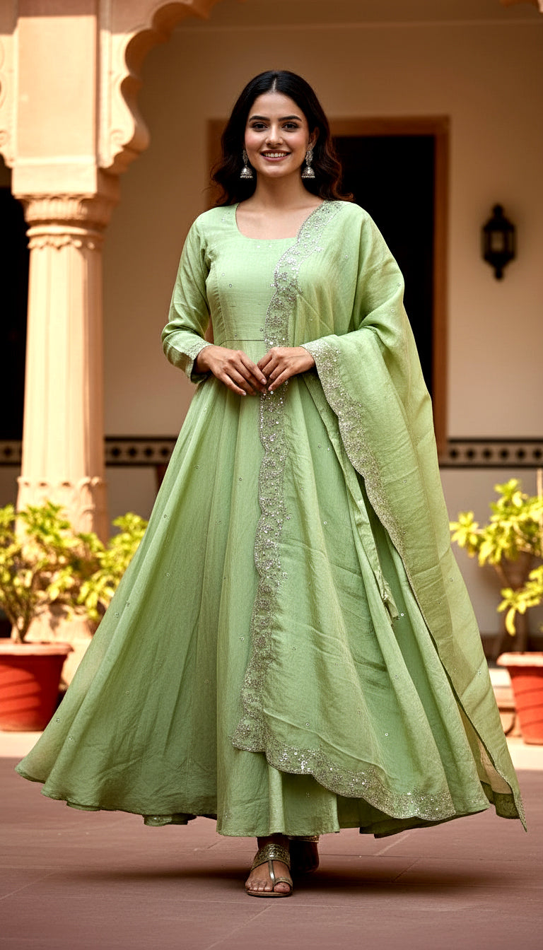 Lehenga Mart Premium Readymade Gown With Dupatta Set For Women-Pista | Grocsy