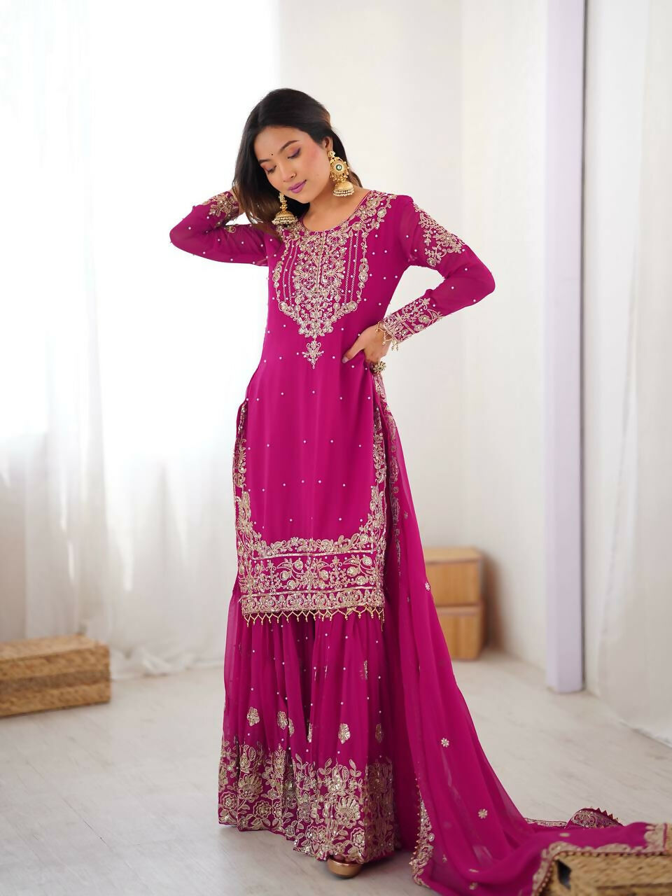 The52 Women's Beautiful Faux Georgette Fabric Embroidery Work Straight Kurt Sharara and Dupatta Set | Grocsy