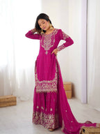 The52 Women's Beautiful Faux Georgette Fabric Embroidery Work Straight Kurt Sharara and Dupatta Set | Grocsy
