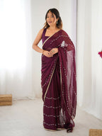 Wine Sitara Chiffon Designer Beads Moti,Val Sequence Work Saree - Noorie | Grocsy