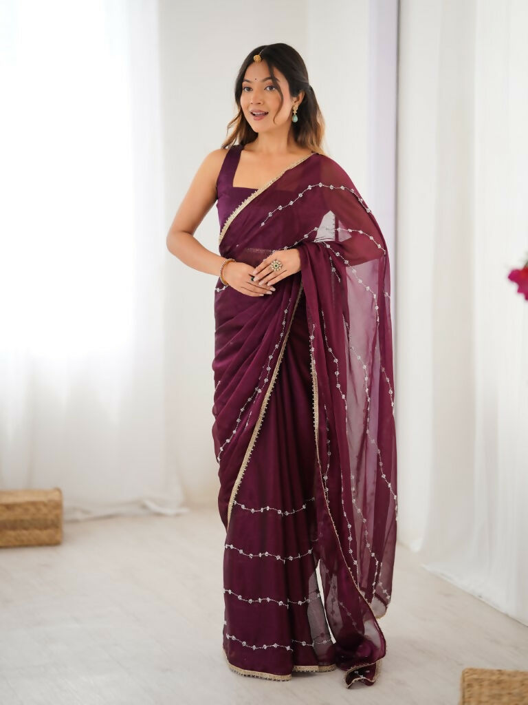 Wine Sitara Chiffon Designer Beads Moti,Val Sequence Work Saree - Noorie | Grocsy