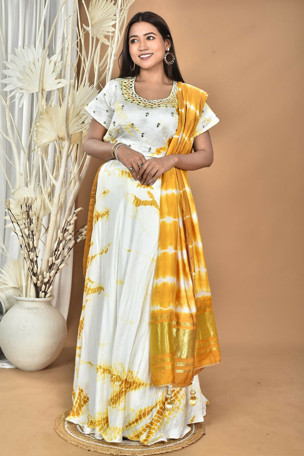 Morchari Women Tai Dai And Hand Embroidery Lehenga-Yellow | Grocsy