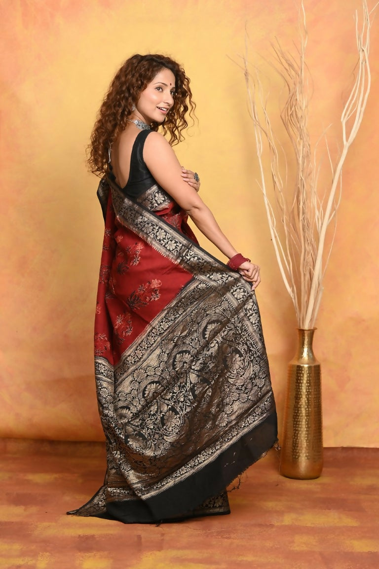 Very Much Indian Modal Silk Ajrakh Handblock Printed Natural Dyes With Designer Border Saree - Red | Grocsy