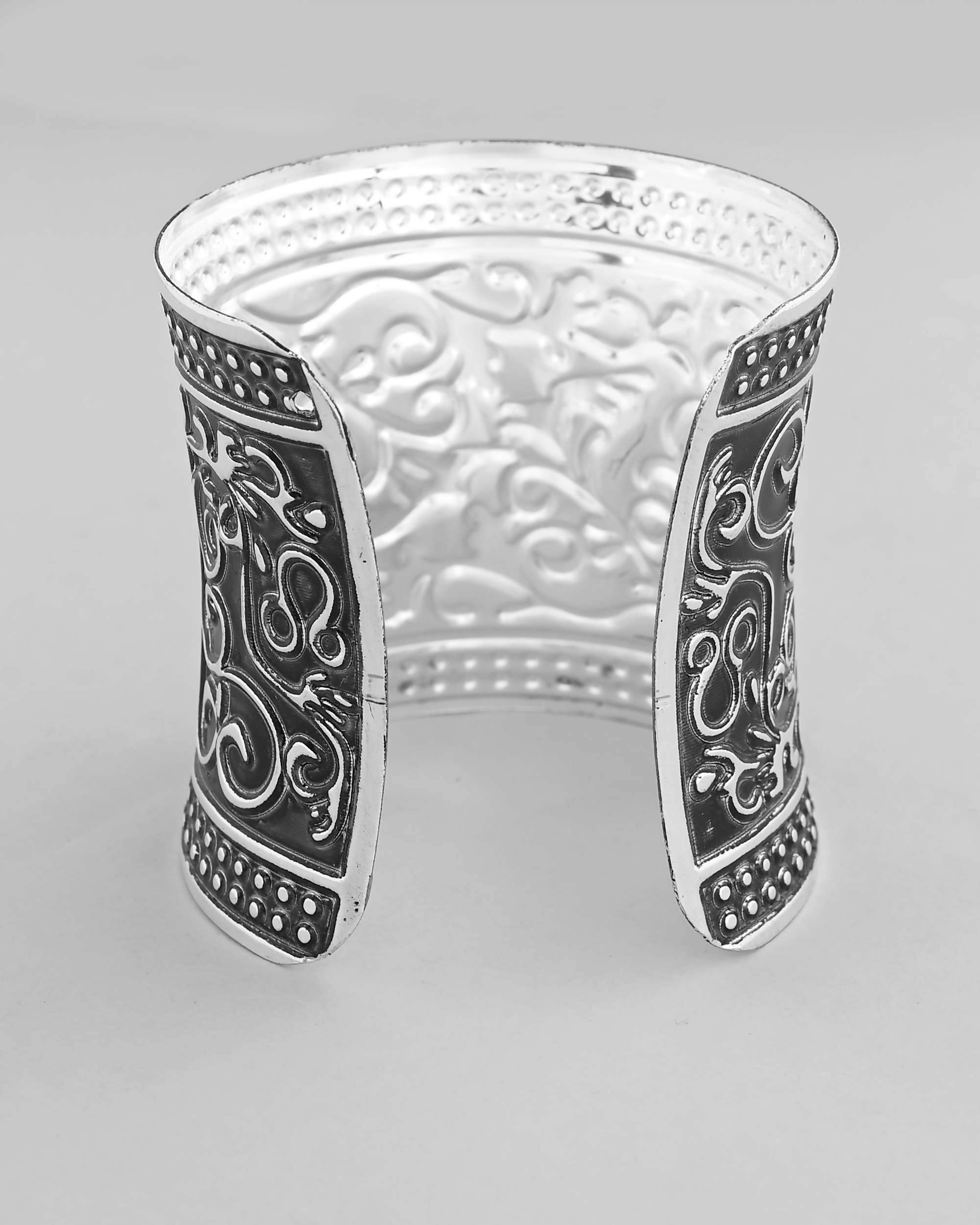 VOJ Silver Plated Oxidised Cuff Bracelet | Grocsy