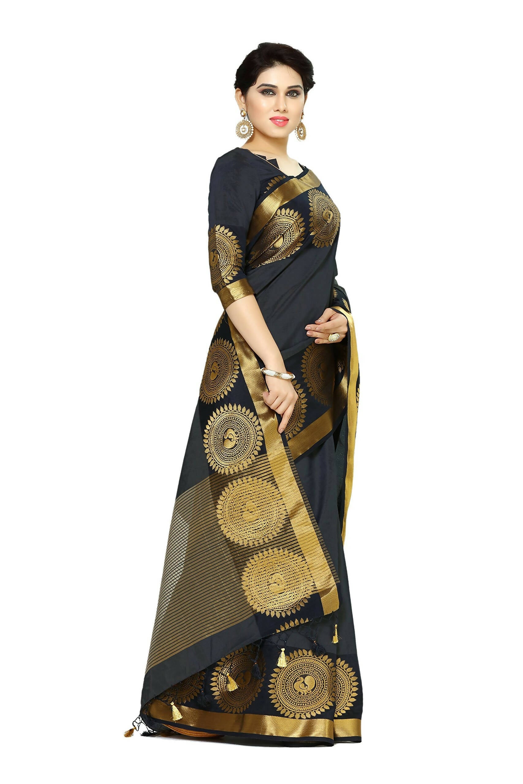 Mimosa Women's Banarasi Tussar Silk Black Saree | Grocsy