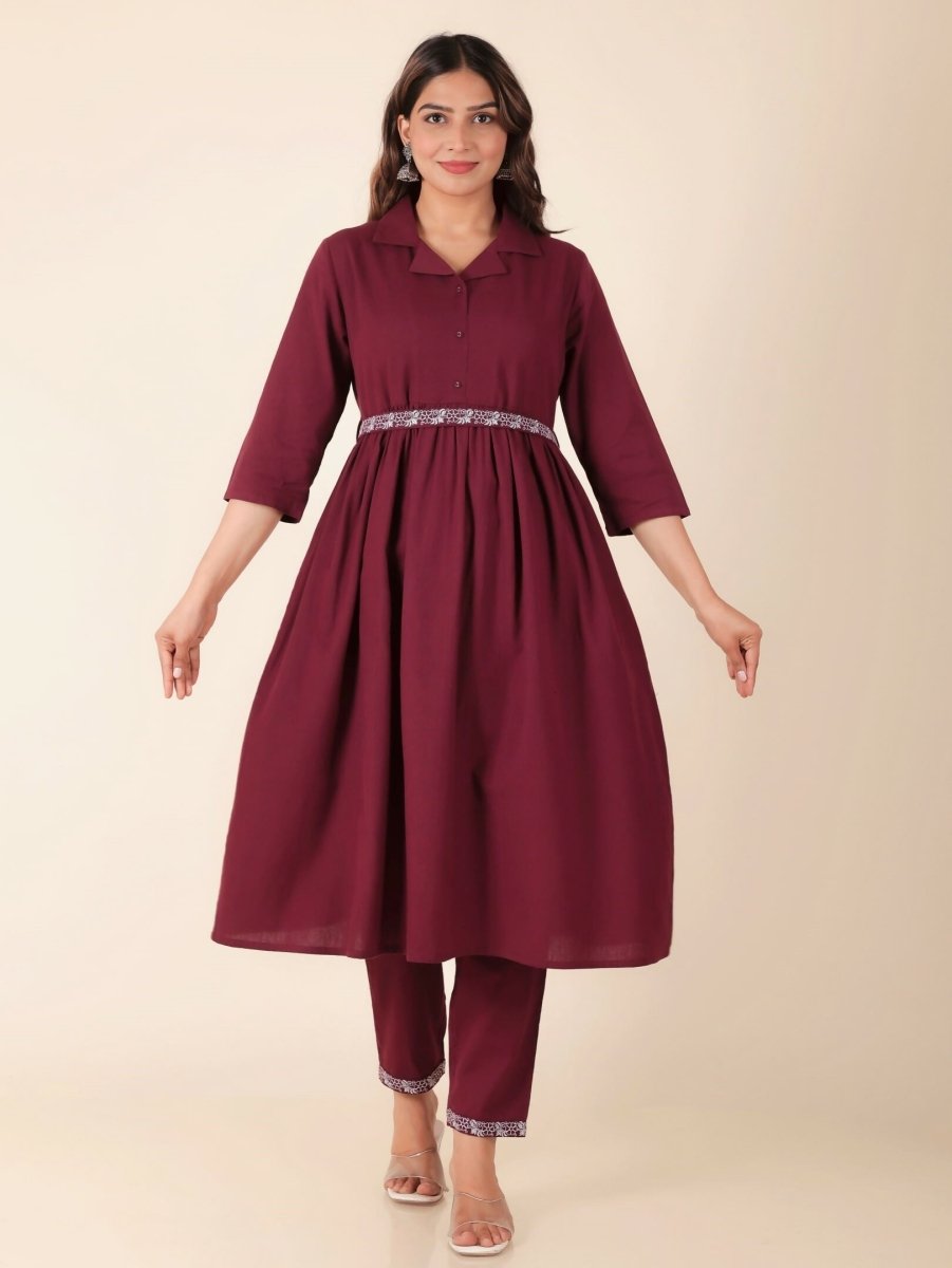 Aramya Maroon Linen Cotton Solid A-line Kurta for Women | Grocsy