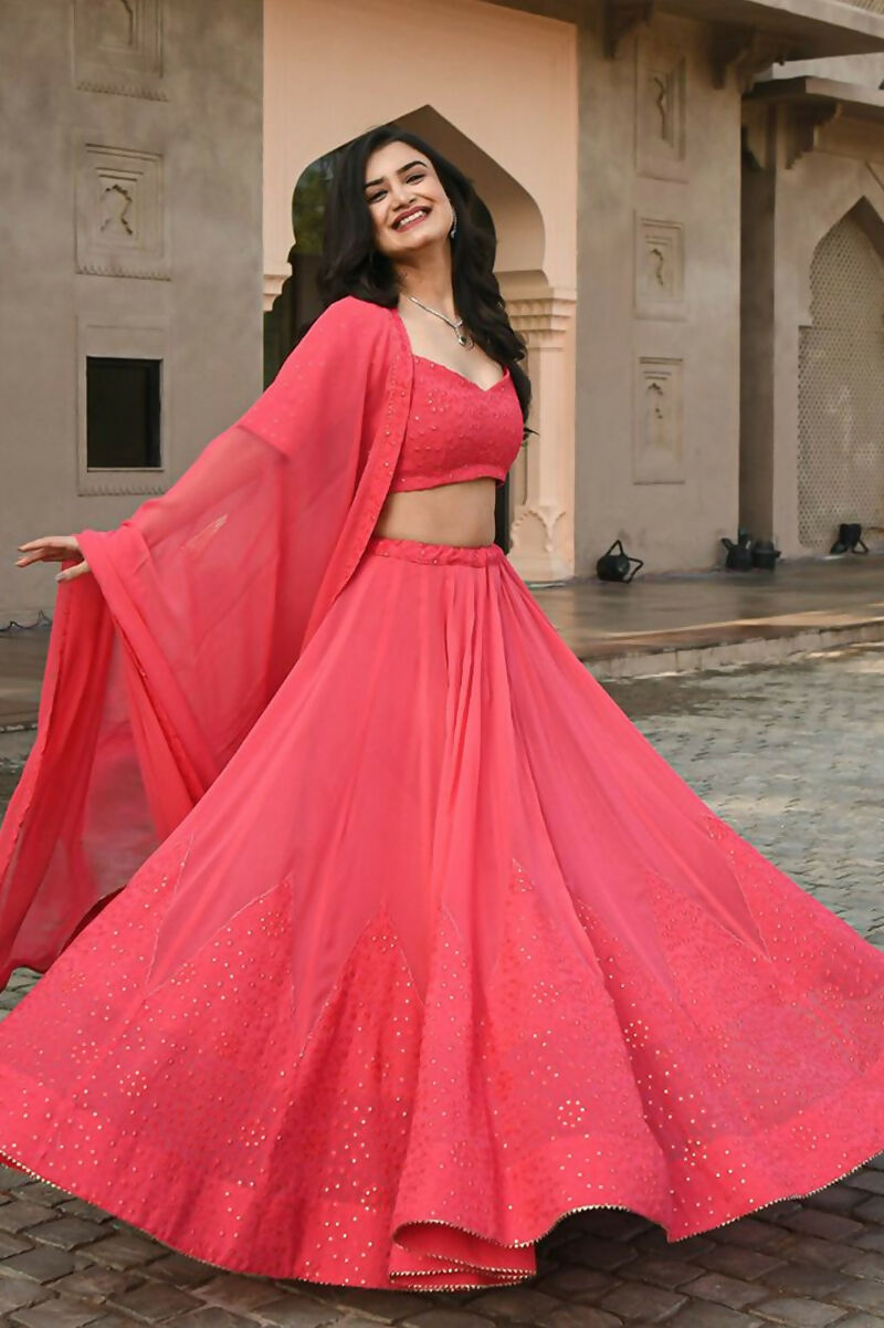 Jyoti Fashion Gajri Thread Embroidery Georgette Lehenga Choli with Dupatta | Grocsy