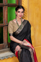 PR Fashion Black Poly Cotton Printed With Zari Weaving Work Saree | Grocsy