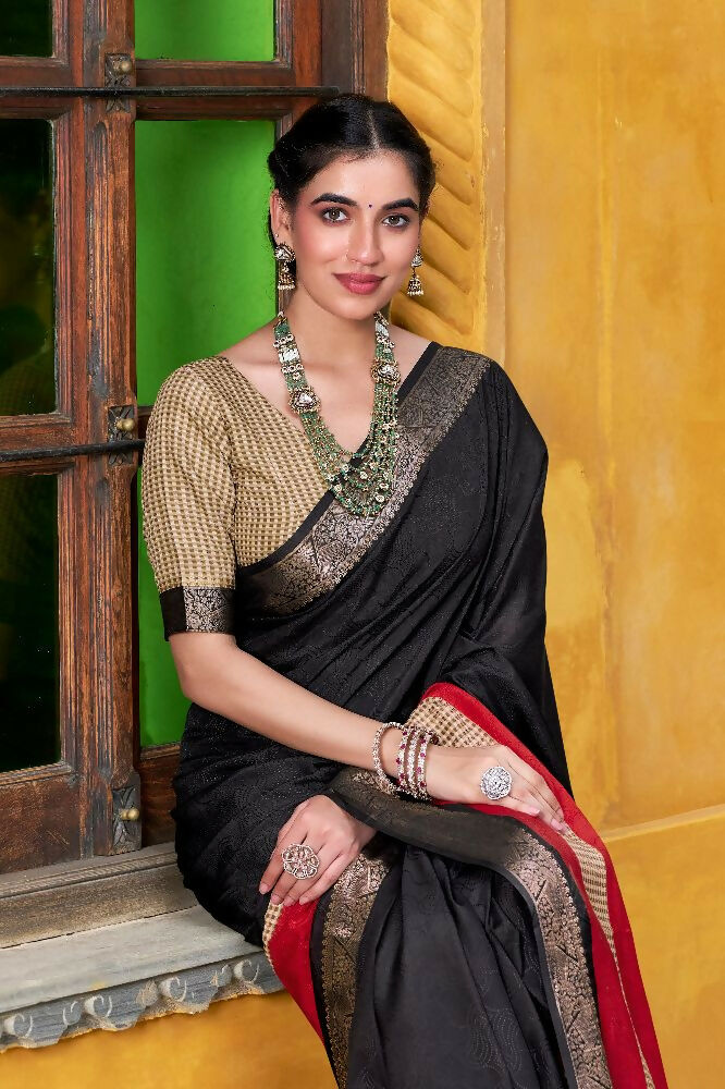 PR Fashion Black Poly Cotton Printed With Zari Weaving Work Saree | Grocsy
