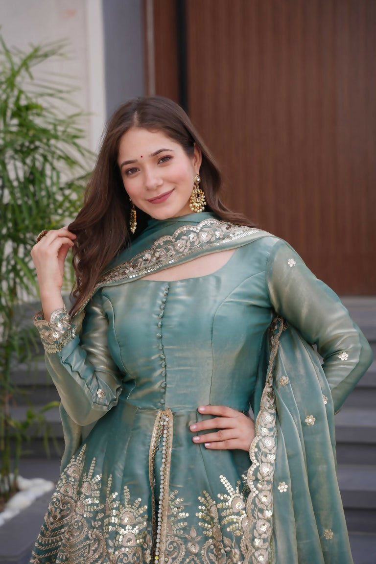 Teeya Creation Teal Color Fendy Satin Silk Embroidery Work party Wear Salwar Suit | Grocsy