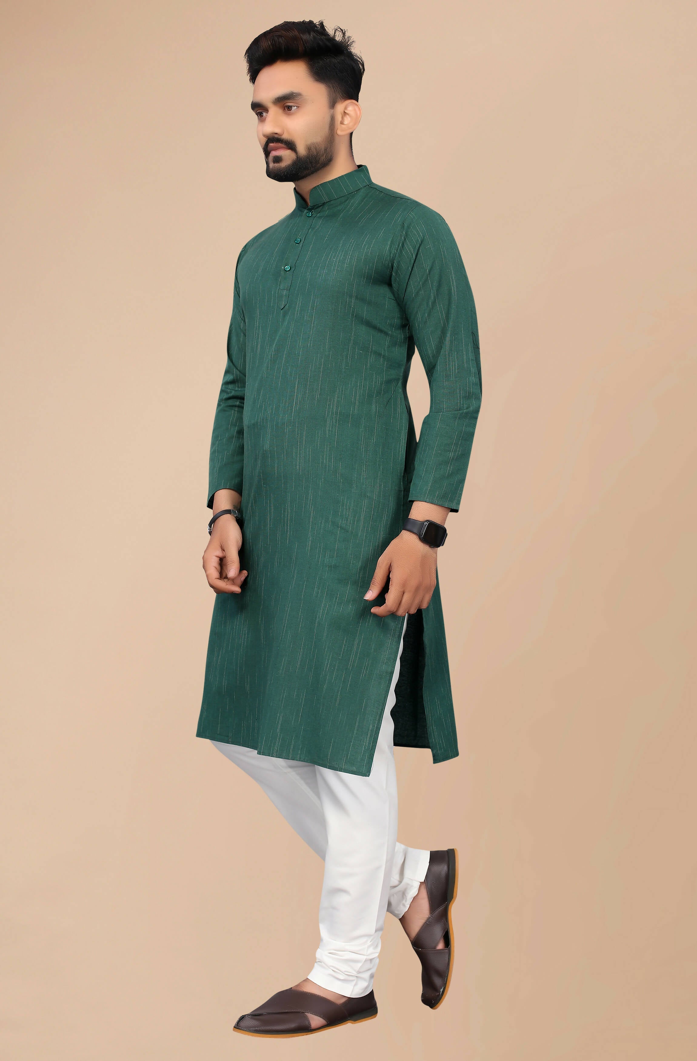 Indian Clothing Men's Green Striped Cotton Kurta - Mahotsav | Grocsy