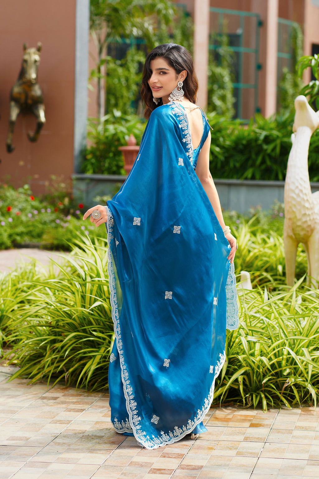 Vastranavya Firozi Embroidery Work Shimmer Chiffon Saree with Unstitched Blouse | Grocsy
