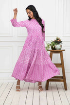 Myshka Women Pink Floral Cotton A-Line Mandarin Collar Long Dress | Grocsy