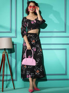 Black Crepe Floral Printed Top with Matching Skirt - Shivani | Grocsy