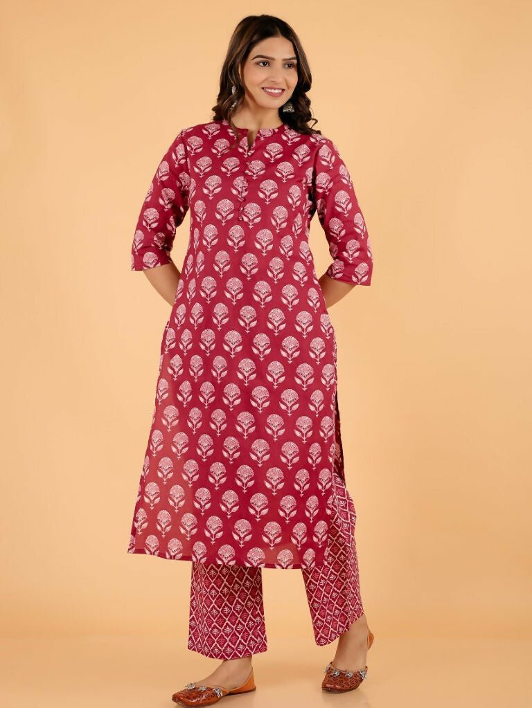 Aramya Pink Soft Cotton Block Print Straight Kurta Set for Women | Grocsy