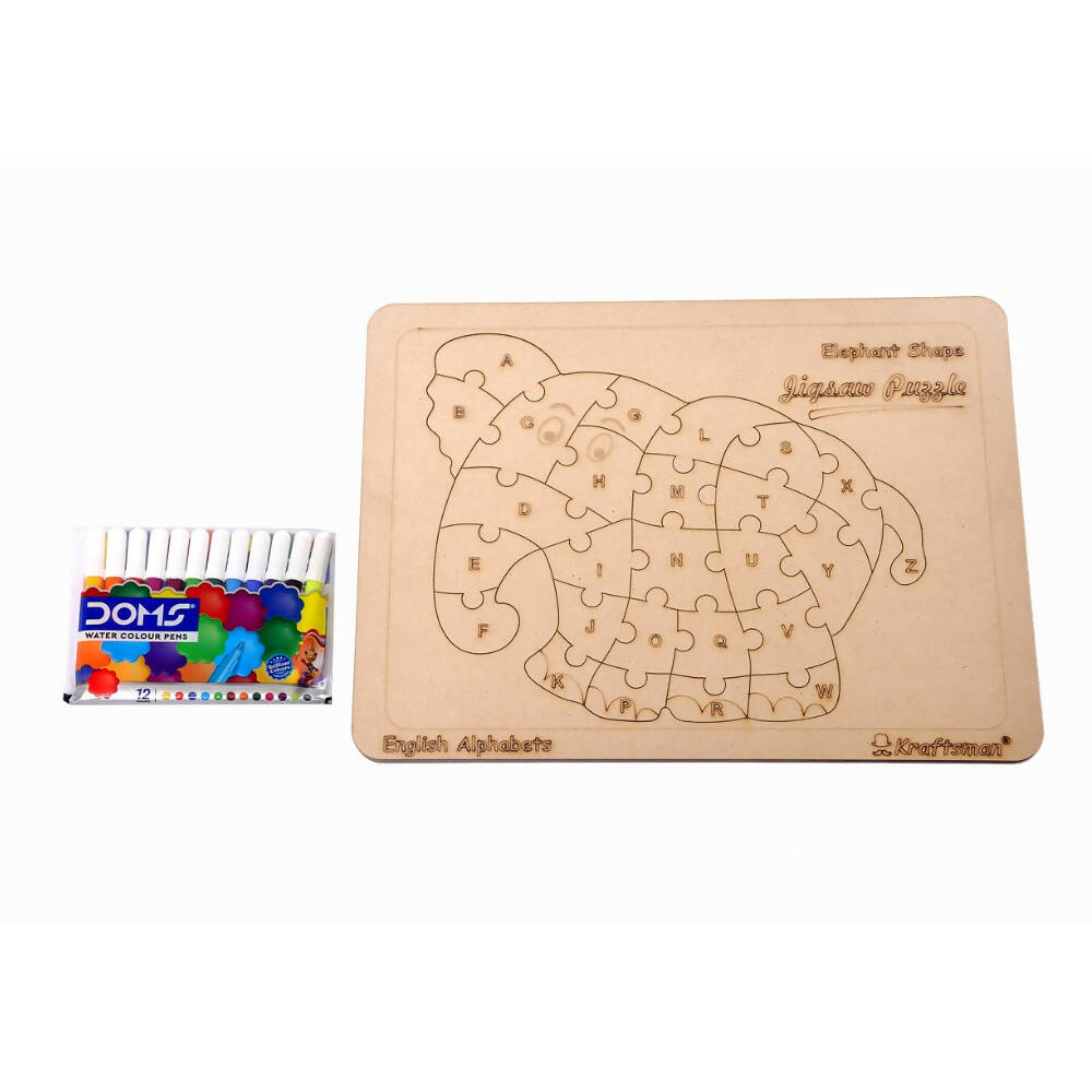 Kraftsman English Alphabets Wooden Jigsaw Puzzles Elephant Shape Puzzle | Color Kit Included | Grocsy