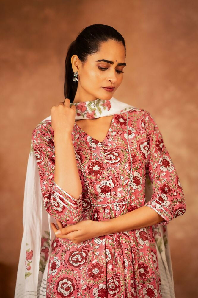 Joban Fashion Pink Hand Block Printed Cotton Suit Set | Grocsy