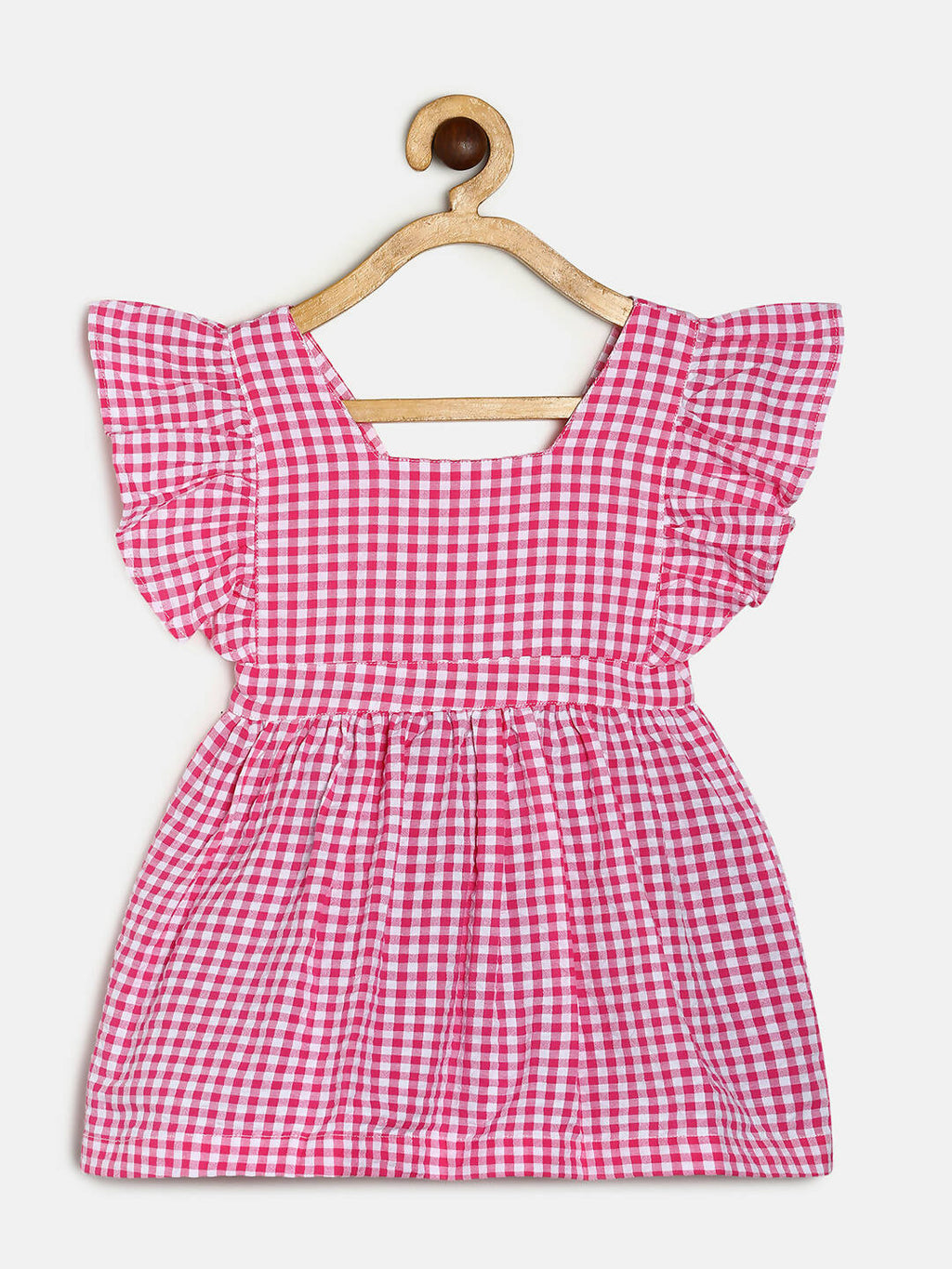 Manet Girls Cotton V Neck Frill Frock Checked Printed - Pink | Grocsy